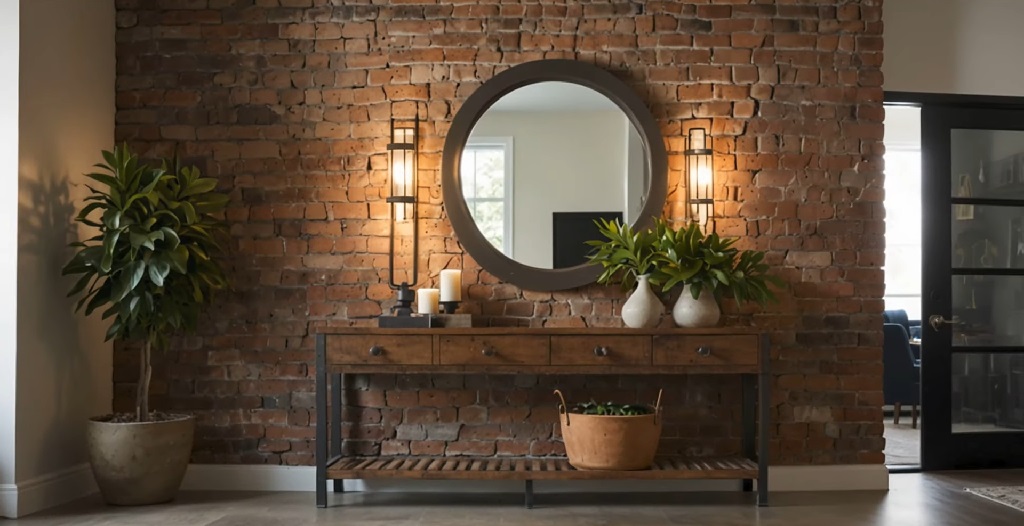Interior space with a single exposed brick wall, round mirror, and simple console table adding warmth without overwhelming the room