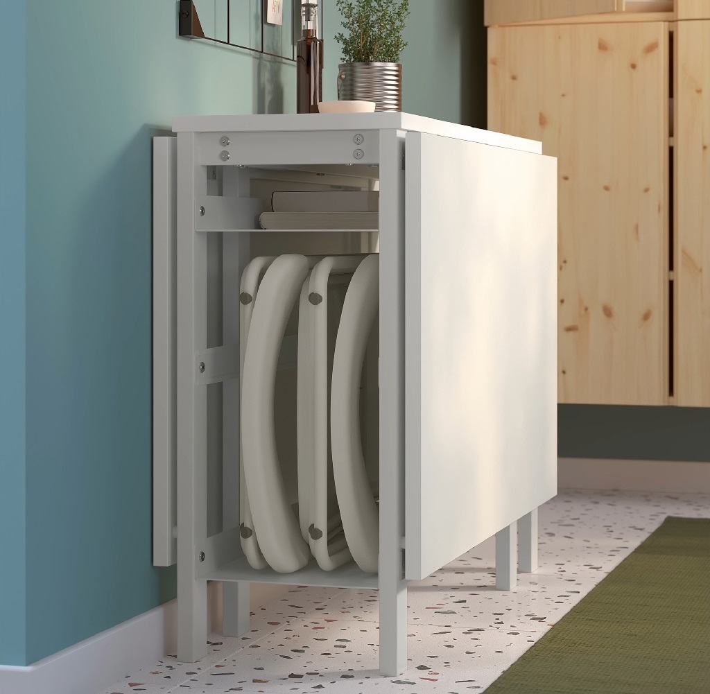 Compact multi-functional storage cabinet with foldable seating stored inside, designed to save space and keep the floor visually open in small interiors.